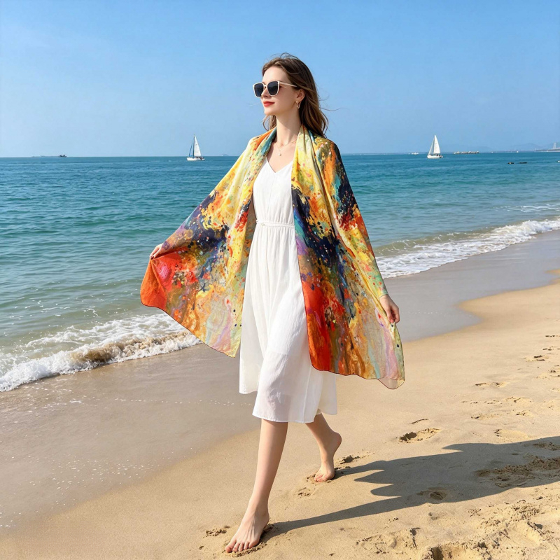 TEMU [1pc] 100% Viscose High Quality High Density Satin Chiffon Women's Scarf Spring Autumn And Winter Long Large Size Ethnic Style Watercolor