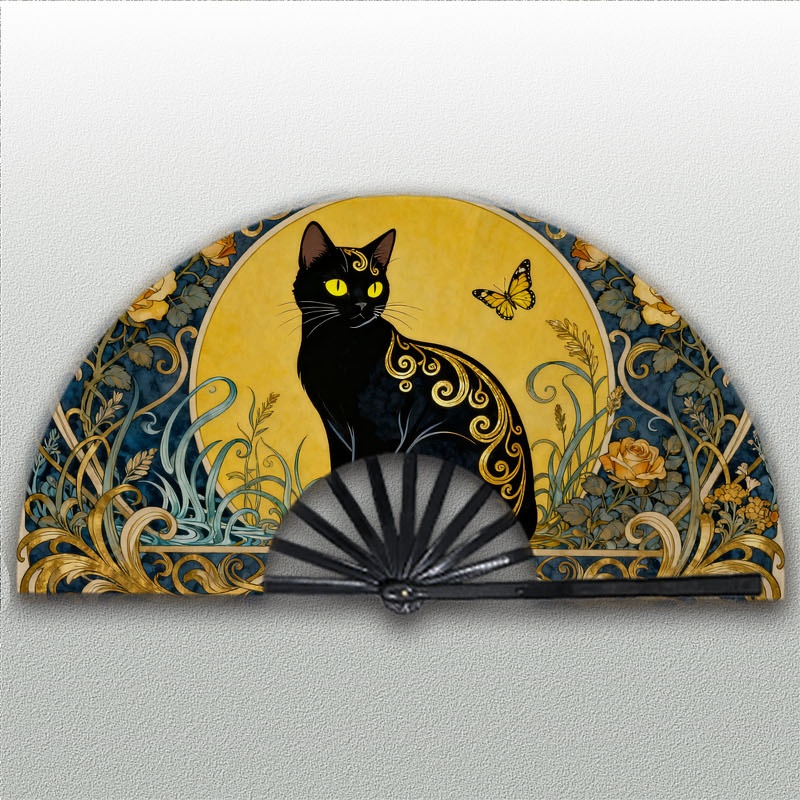TEMU Orjanio Handheld Fan, Style Black Cat And Pattern - Cooling Fan, Suitable For Daily Use, Outdoor Activities, And Parties - Elegant Accessory For