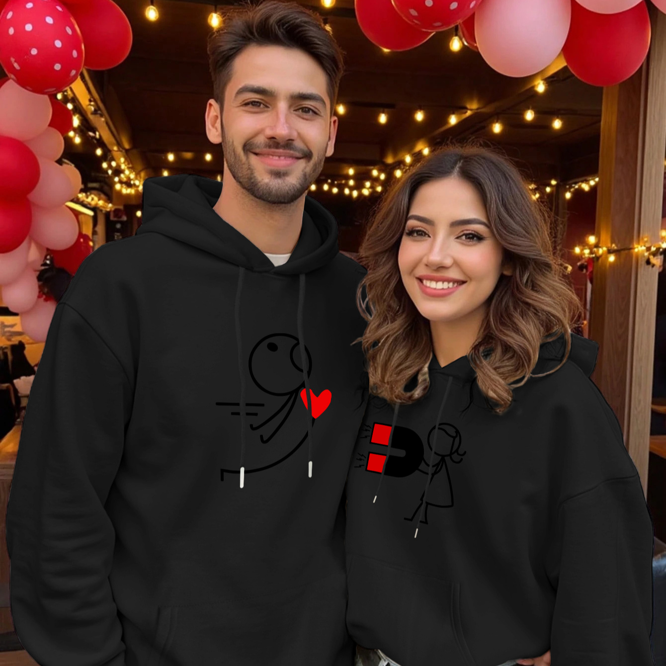 

Fleece-lined Red Hoodies With "you've Attracted Me" Print - Casual Matching Couple Sweatshirts, Front And , Perfect Gift For , Matching Hoodies For Couples