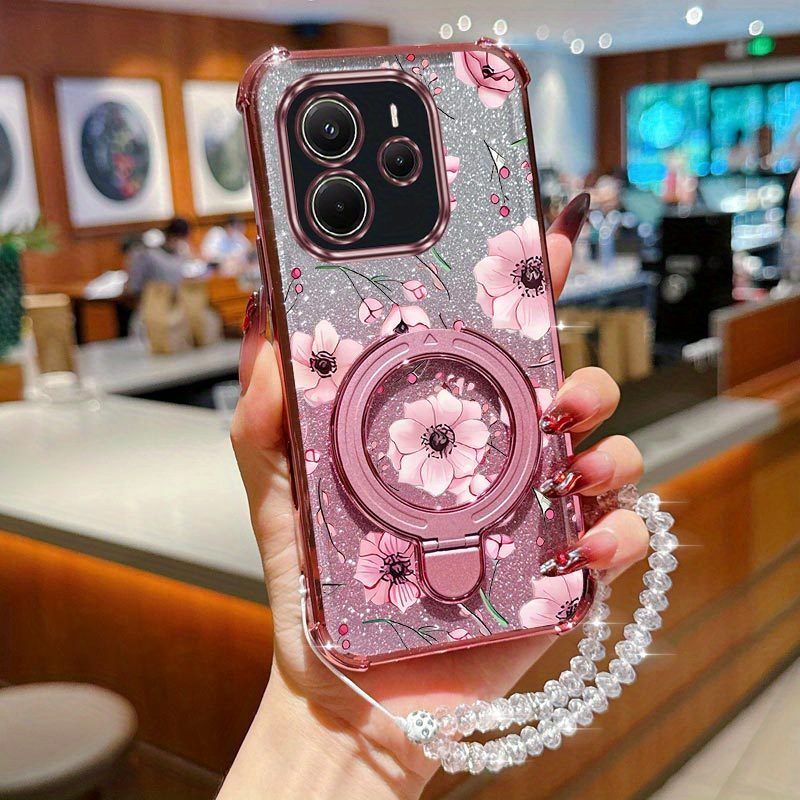 TEMU Phone Case: Crystal Strap Lanyard Note 14 4g Shockproof Transparent Magnetic Glitter Phone Holder Case For Xiaomi Note 14 4g Luxury Flower Case