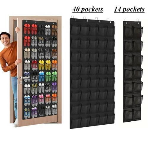 14 pockets 40 pockets door shoe storage device large breathable mesh pocket hanger wardrobe black door hanger storage rack non slip hook mens and womens entrance bedroom utility room free hook hanging shoe organizers