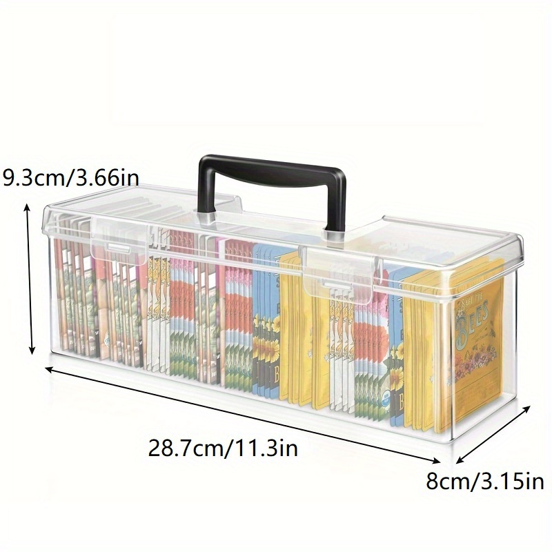 item picture transparent plastic seed pack storage box with handle portable storage for over 100 seed packs rectangular design for easy organization of gardening supplies seed storage box