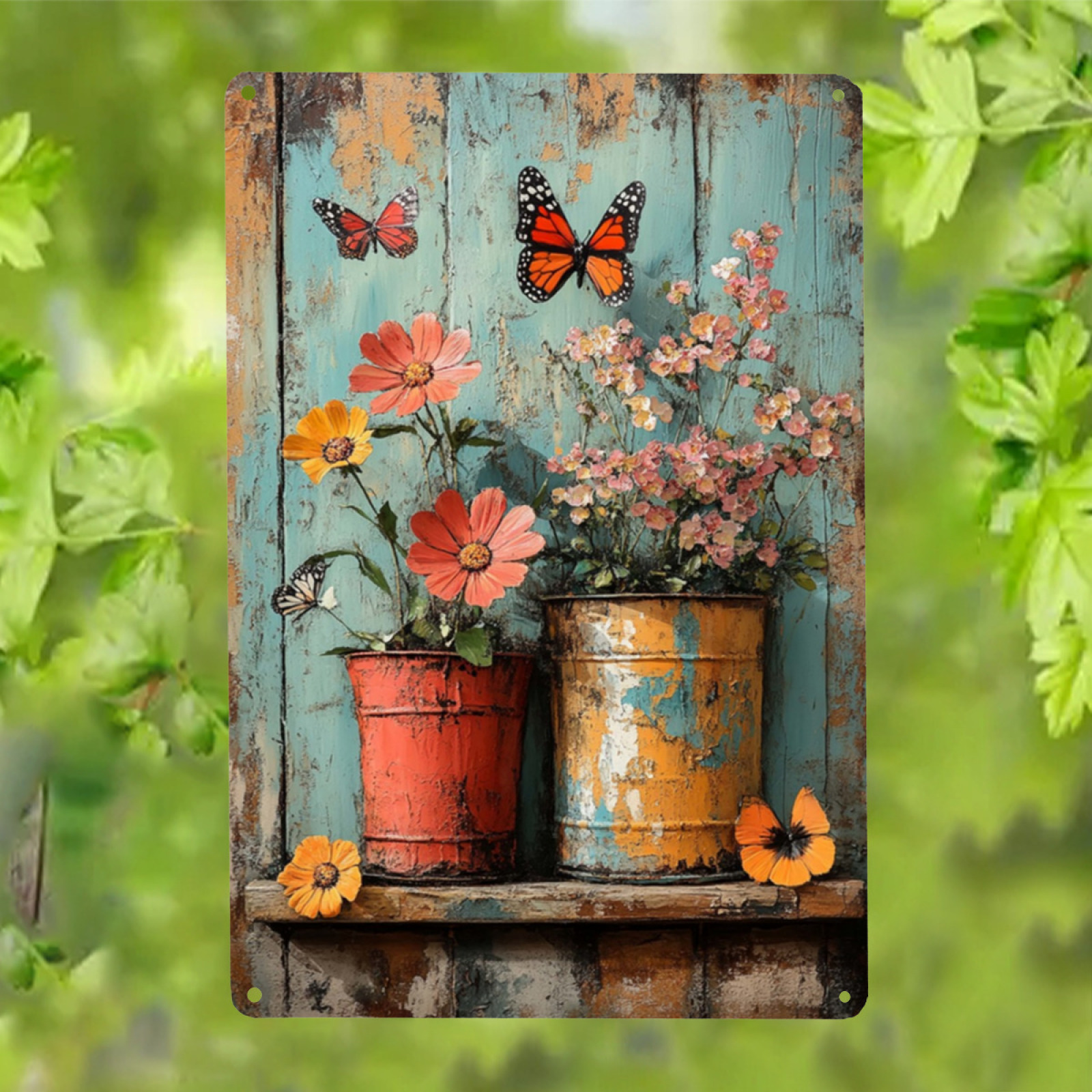 Image of 2d Flat - 1pc 2d Flat Vibrant Floral And Metal Wall Art | Sign With Rustic Garden Pot Design, Indoor Outdoor Decor For Home, Bar, Cafe, Farmhouse, 20*30cm/8*12inches