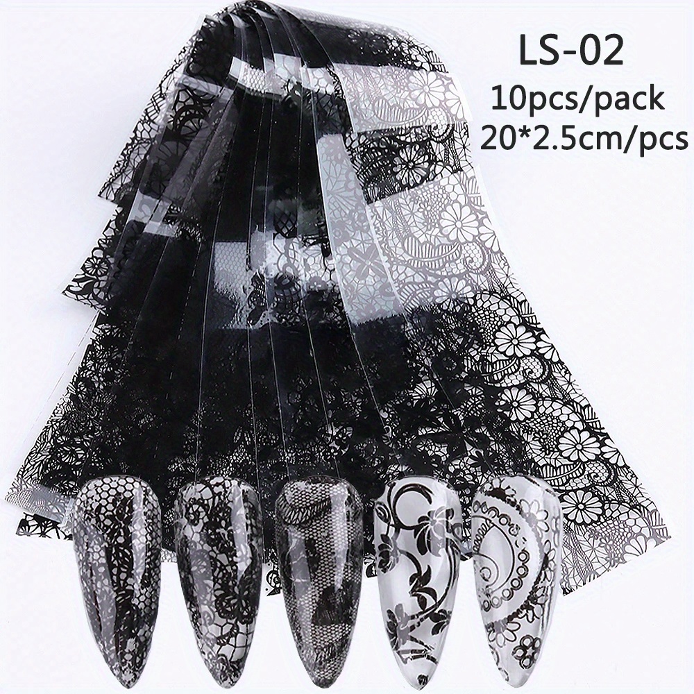 Image of 10 Sheets Black White Lace Nail Art Foils Set Nail Transfer Sticker Lace Floral Diy Transfer Paper Manicure Accessories