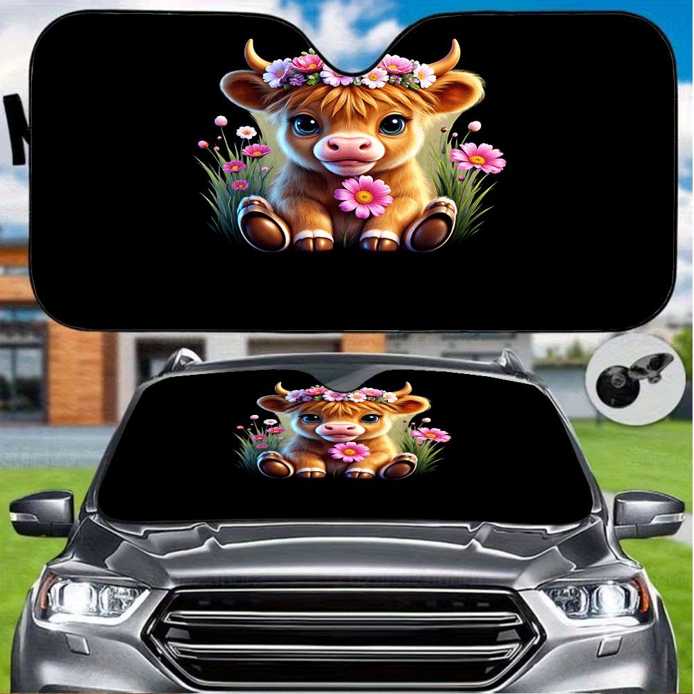 TEMU 1pc Cute Highland Cow With Flower Crown Print Windshield Sunshade, Uv Protection To Keep Your Car Cool, Foldable For Interior Accessory With