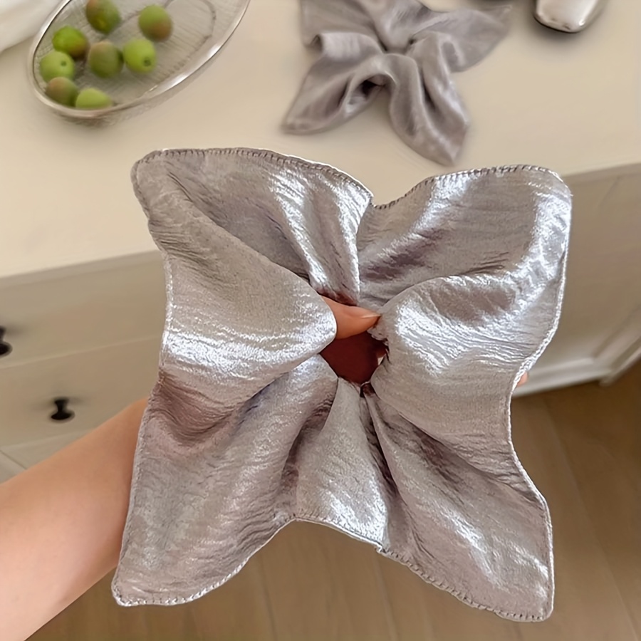 1 Silver Shiny Square Scarf Scrunchie, Korean High-  Ponytail Scrunchie, Does Not Damage Hair, High-  Tie