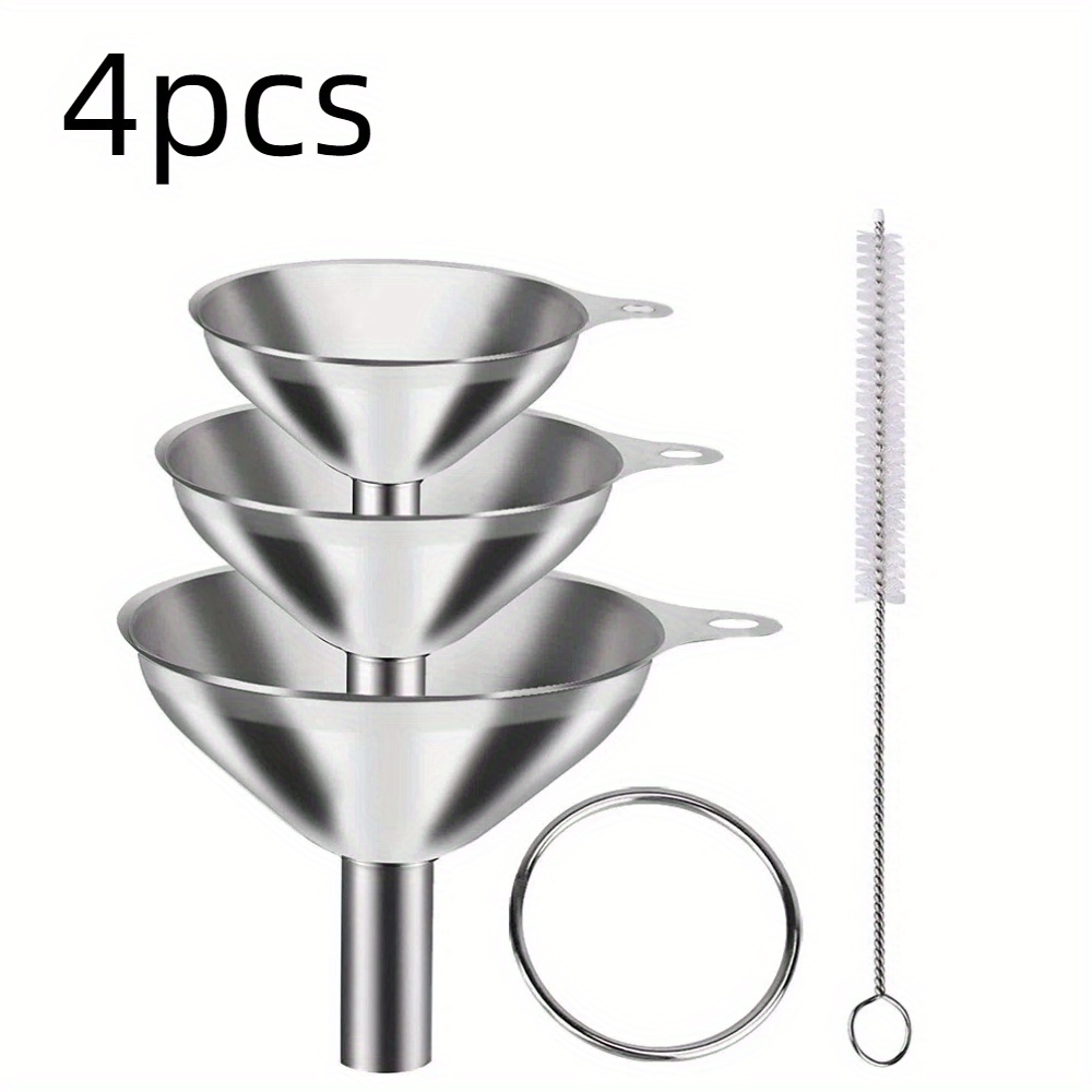 E-shop 4-teiliges Edelstahl Küchen Trichter Set mit Reinigungsbürste – Metalltrichter für einfachen Flüssigkeitstransfer von Honig, Öl, Gewürzen &