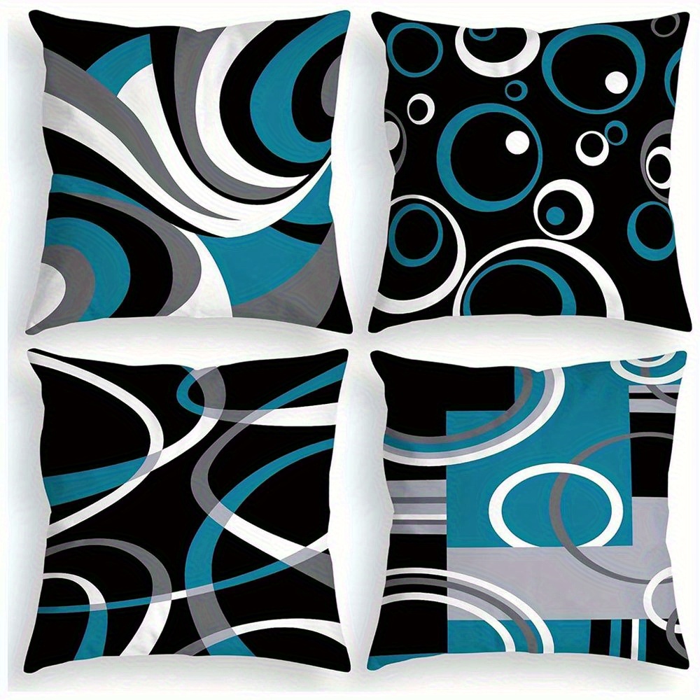 TEMU 4pcs Housses de Coussin Carrées Bleues & Noires - Design Moderne, 100% Polyester, Fermeture Éclair, Lavables en Machine pour Canapé, Décoration