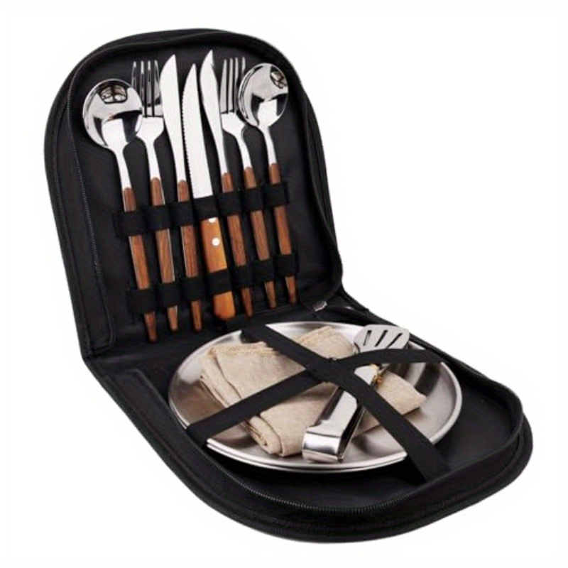 new wood grain handle tableware mess kit cutlery for 2 dinnerware set 12pcs stainless steel utensils set with plate spoon fork serrated knife cloth napkins for 2backpacking outdoor hiking picnic Product details 1