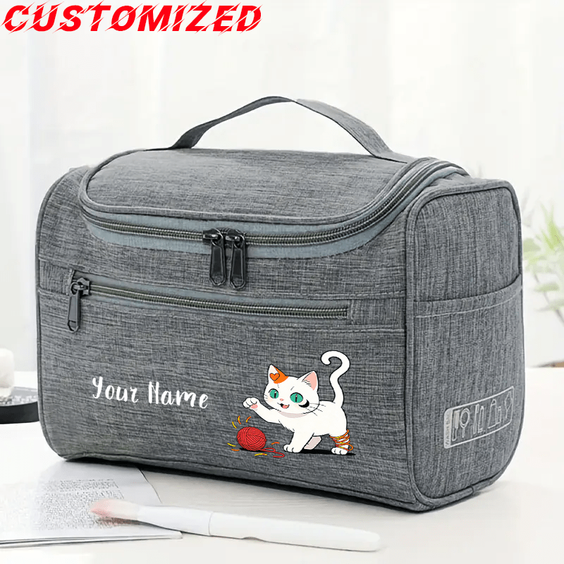 TEMU Custom Personalized Name Portable Toiletry Bag, Knitted Ball Cat Print Makeup Pouch, Ideal Gift For Cat Lovers, Suitable For , Strolling,