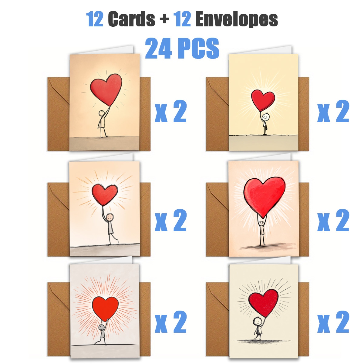 TEMU 1 Set/12pcs/24pcs Valentine's Day Small Figures Holding Red Hearts Greeting Cards | Includes Envelopes, Cards | Perfect For Couples, Birthdays,