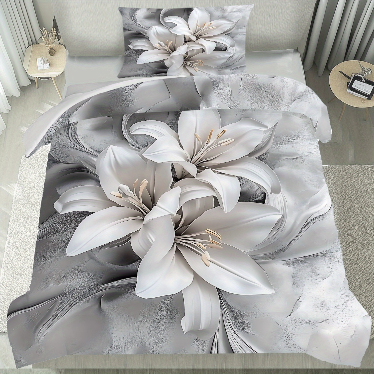 E-shop Latacaca 2/3-teiliges Bettbezug-Set mit gemütlichem Lilienmotiv in Grau, Bettwäsche enthält einen Bettbezug zwei Kissenbezüge, Kissenfüllungen