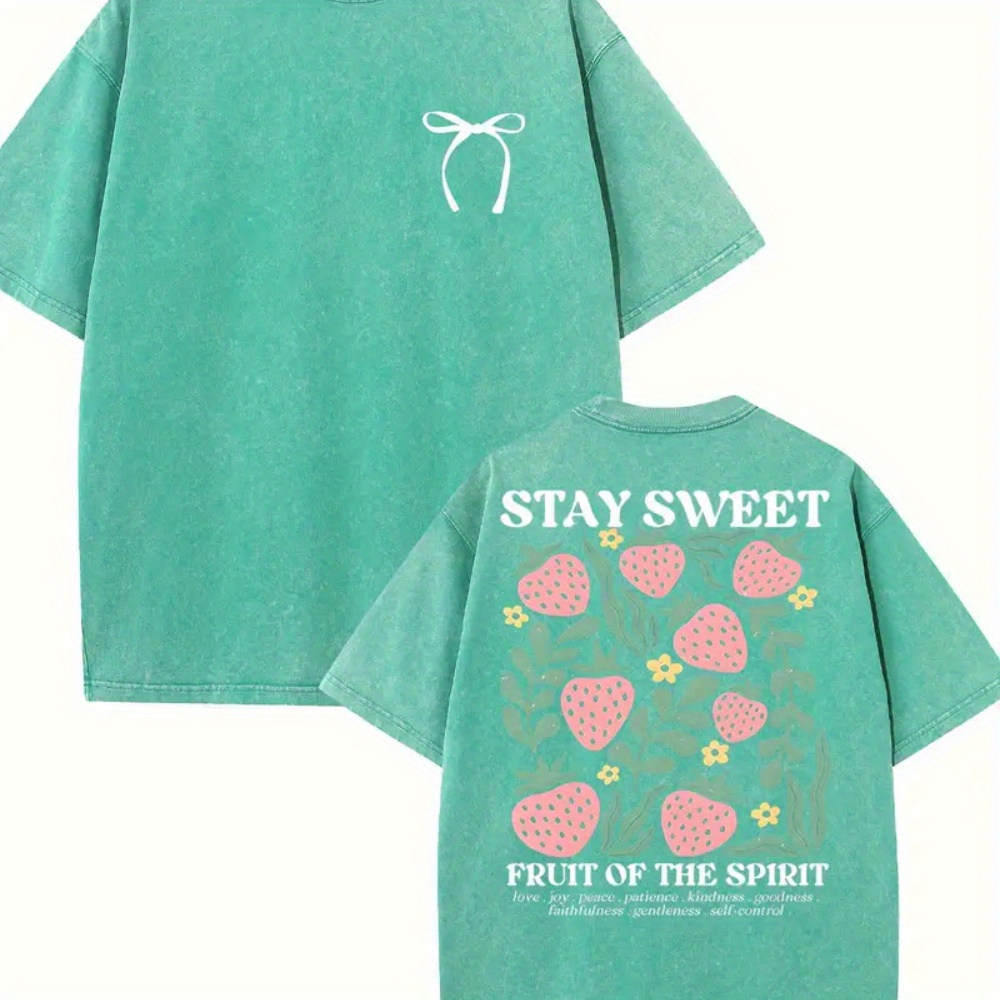 Women'S Casual T-Shirt - "Stay Sweet" Fruit And Floral Print, Round Neck, Short Sleeve, Washed 230G, Summer Outdoor Wear