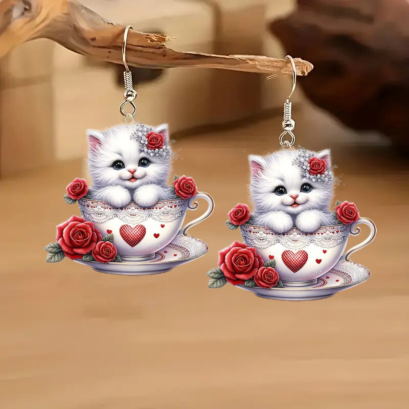 

Pair Of 2d Cute Acrylic Cat Earrings, Stainless Steel Hook, Love Cup Design, Valentine's Day Gift, Fashion Dangle Earrings For Women