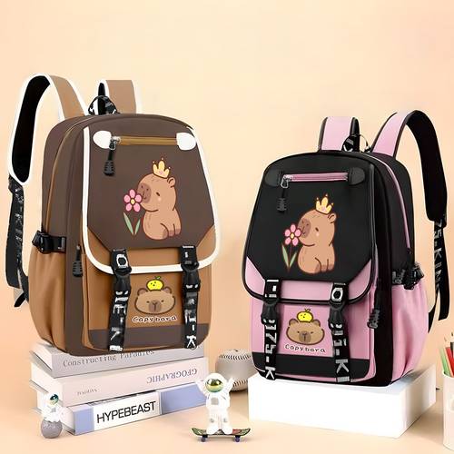 cartoon print 1pc school backpack with cute capybara and flower graphic large capacity rucksack for students casual bookbag for and campus use