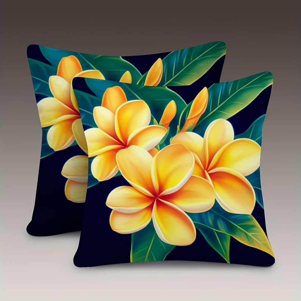 TEMU 2pcs Set, Tropical Hawaiian Plumeria Pillowcase - Single-sided Printed Cushion Cover With Zipper Closure, Decorative Yellow, Orange, Green -