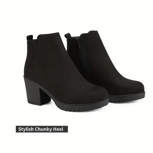 womens chunky heel ankle booties comfortable side zip soft cover upper cushioned insole solid color