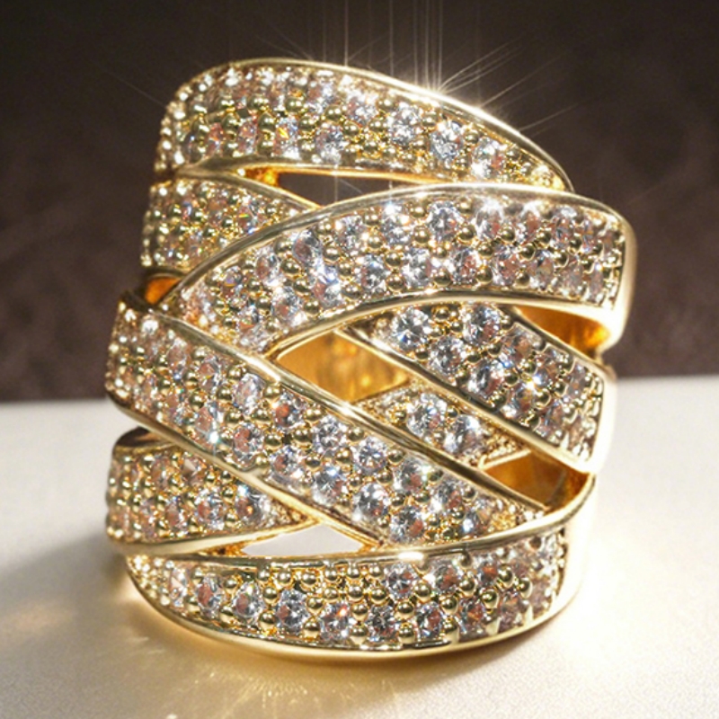 TEMU Fashion Golden Wide Band Rings Exquisite Synthetic Zirconia Rings For Women Men Daily Banquet Holiday Luxury Rings Jewelry Gift