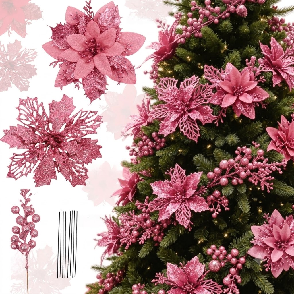 TEMU 30pcs, (12 Flowers And 6 Fruits And 12 Sticks) Premium Champagne Golden Christmas First-class Red Artificial Flowers And Sequined Decorations