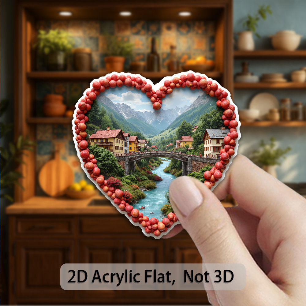 TEMU [ Enabled] 2d Flat Magnet 1pc Suitable For Travel Enthusiasts - Village Fridge Magnet With Scenic Bridge, Snowy , And Greenery - Acrylic