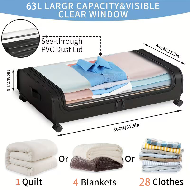 TEMU 2pcs Under- Bed Storage Boxes, Metal Rolling Organizer Containers With Wheels, Dual Compartments & Transparent Lids, Multipurpose For Clothes,