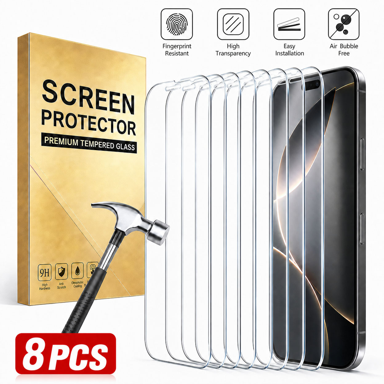 TEMU 8pcs Hd Tempered Glass Screen Protector, Suitable For Iphone 18 Pro Max/17e/17 Pro/17/16 Plus/16/15 Pro Max/15 Pro/15/14 Pro Max/14/13 Pro