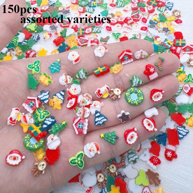 Image of 150/90pcs Christmas Resin Additions - Holiday Shapes, Random Colors (reindeer, Santa Claus, Snowman) With Bright Colors And Exquisite Patterns, Suitable For Handicrafts, Making