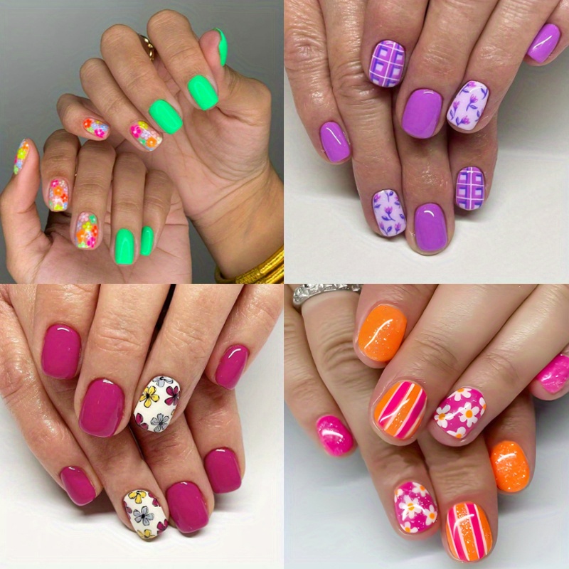 TEMU A Set Of 96 Square Short Acrylic Nail Tips In 4 Packs, Showcasing A Of Colors And Designs, Including Solid And Floral Patterns, Ideal For A And