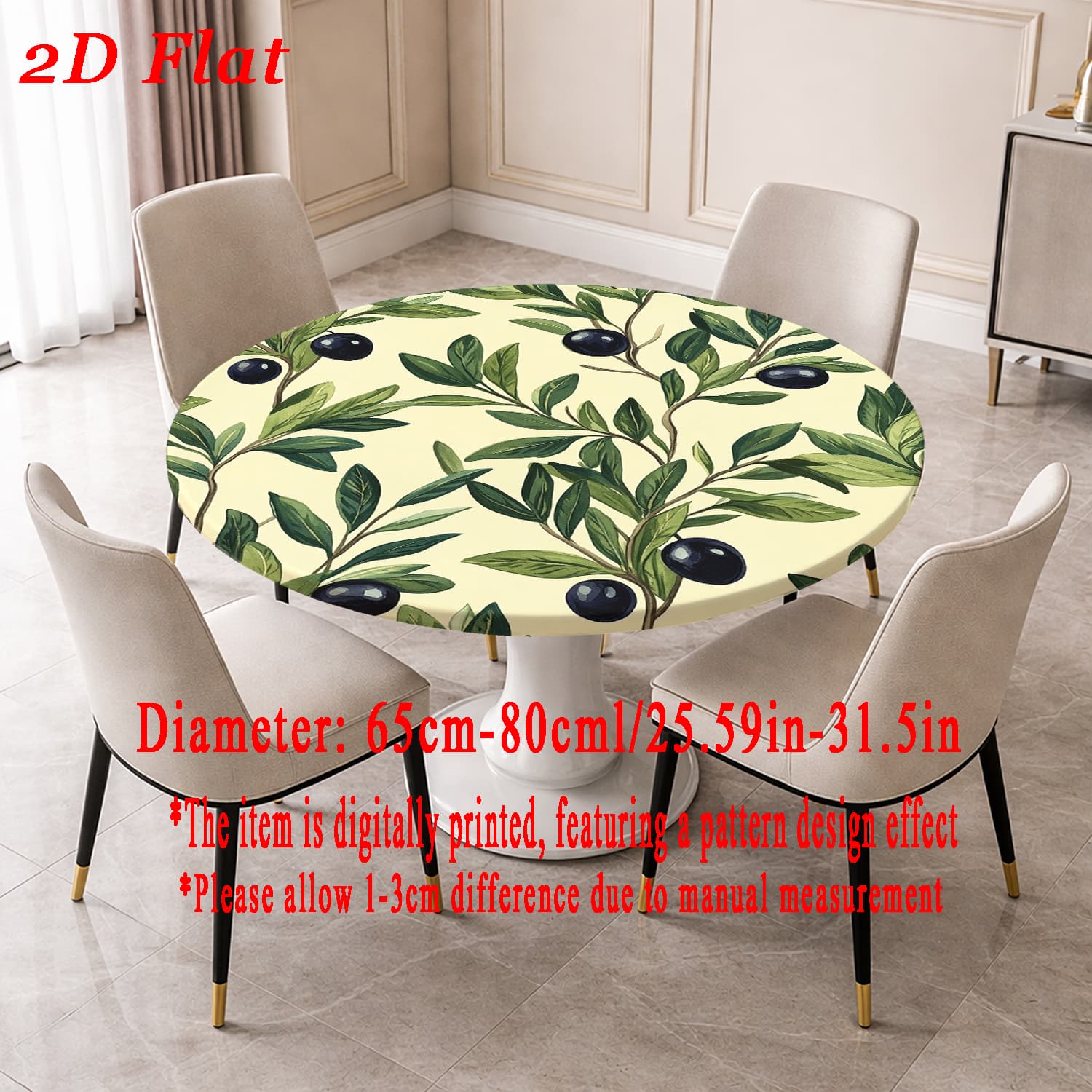 TEMU Digital Printed Pattern Of 2d Flat Olive Leaves And Fruits, A Versatile Elastic Round Tablecloth Suitable For , Designed For Round Tables,