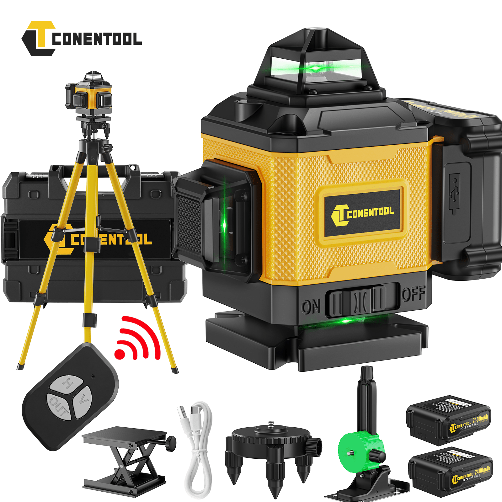 Image of Conentool 1 Set 16 Lines Laser Automatic Leveling, 4x360° Green Cross Line Laser Level Tool For Construction And Picture Hanging, 4d Laser Level With 2*2400/3600mah Rechargeable Batteries