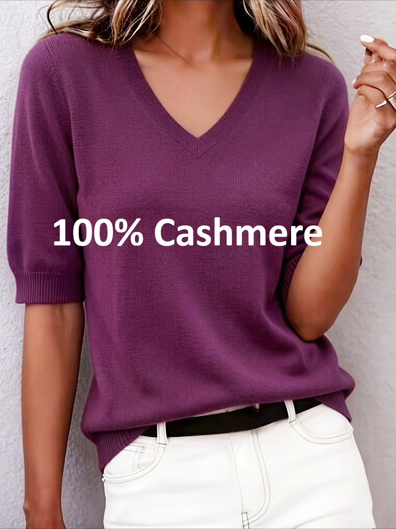 item picture 100 cashmere   fit womens lightweight summer top v neck short sleeve shirt   fit quiet and luxurious style suitable for office and business casual wear