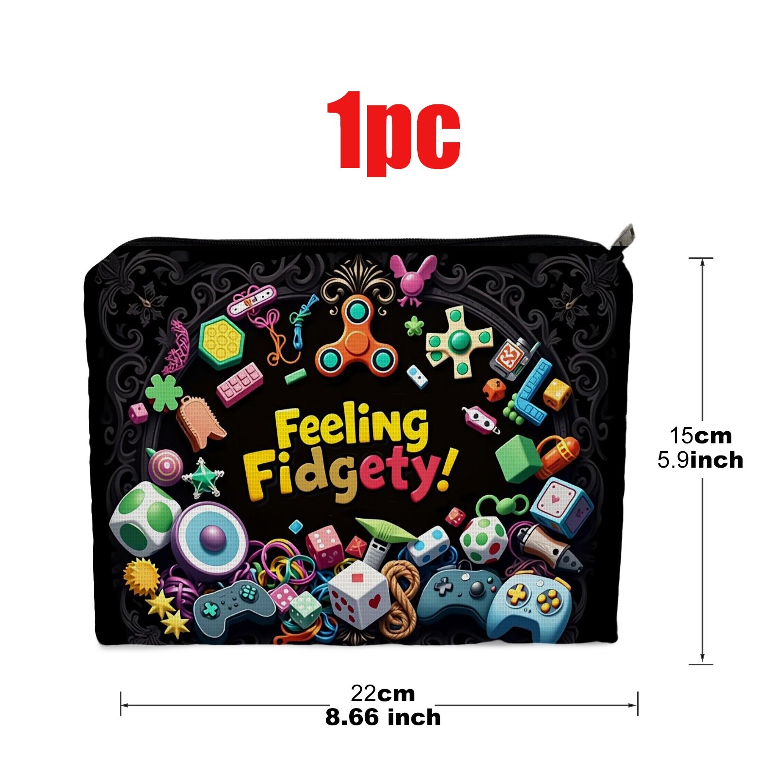 TEMU 1pc Double-sided Cosmetic Bag, 5.9in*8.66in, Polyester Material, Vibrant "feeling Fidgety!" Fidget Toys Pattern, Suitable For Storage, Travel