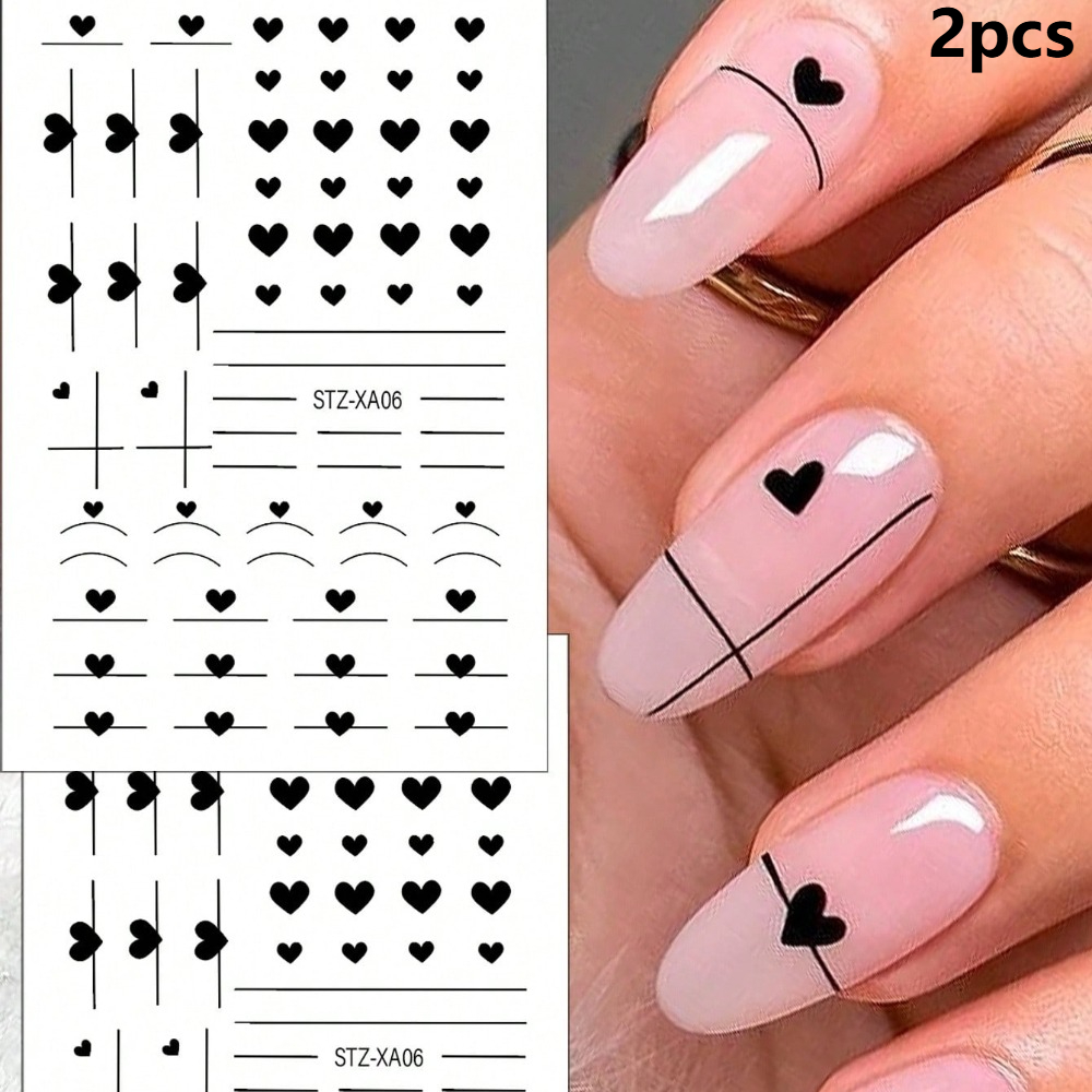 2pcs Heart Nail Art Decals, Black Heart Self-adhesive Nail Stickers, Valentine's Day Nail Decorations, Nail Supplies.