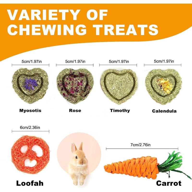 Natural Timothy Toys, 11pcs Snacks Chew Toys, Pet Chew Treats Guinea Pigs, Rabbits, Bunny, Chinchilla, Hamsters, with Timothy/Loofah/Carrot Hanging Toys