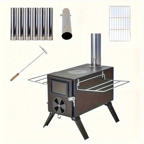 Portable Wood Burning Camping Stove with Chimney Pipe, Outdoor Tent Heater & CookingTool for Hiking, Picnic, Backpacking, BBQ