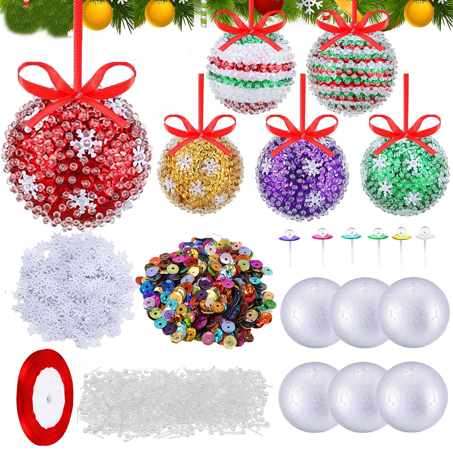 TEMU Kit de 6 ensembles de décorations artisanales de Noël avec boules en mousse à paillettes et de neige, pack de fête avec boules en mousse,