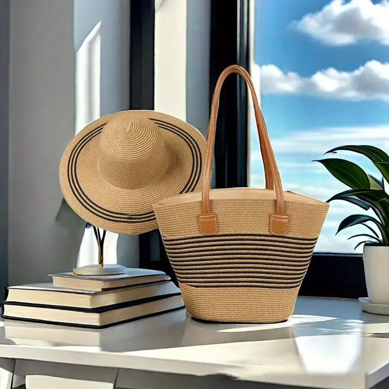 chapeau de paille pour femmes avec sac , chapeau de plage rayé dété à large bord et protection solaire pour en extérieure détails 8
