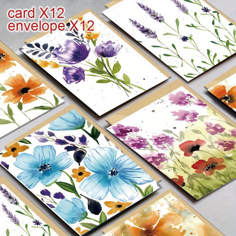 

24pcs(12 Envelopes + 12 Cards) Watercolor Flower Birthday Greeting Cards Blank Greeting Cards For Family, Friends, Brothers, Sisters New Year Gift