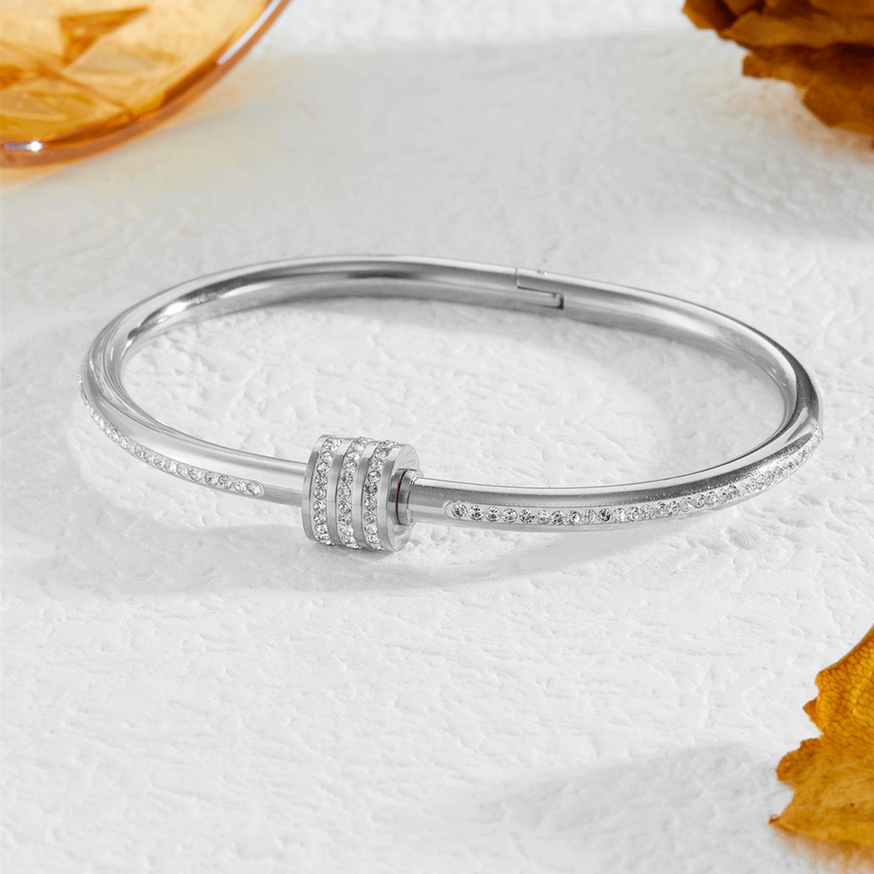 3pcs Stackable Stainless Steel Bracelet Set with Synthetic Zirconia