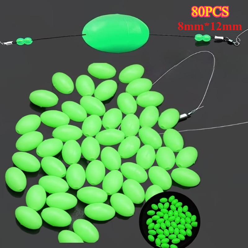 TEMU Ensemble de 80 perles lumineuses de pêche, perles flottantes sphériques lumineuses en plastique vert ovale, adaptées à la pêche de nuit, appât ,