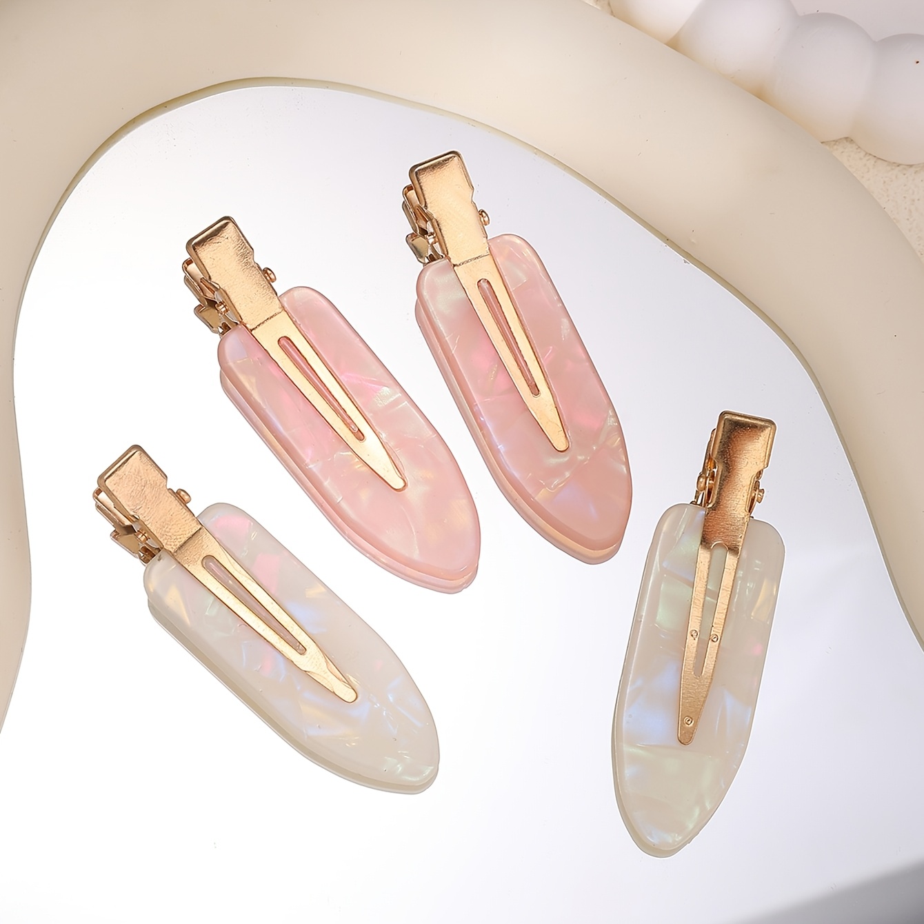 4 Elegant Mermaid Pink And White Seamless Adhesive Hair Clips For Women's Bangs And Makeup