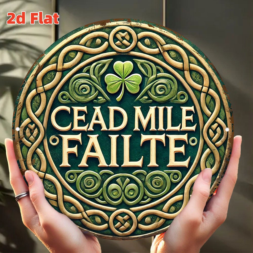 TEMU 2d Flat Welcome Sign - Metal Hanging Plaque, With Celtic Knot And "céad Míle Fáilte" (irish ) - 7.79-inch Round Door Hanging Decor, Suitable For