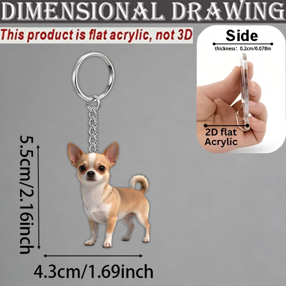 TEMU Llavero acrílico 2D de chihuahua adorable con colores vibrantes. Adecuado para colgantes de teléfono, dijes para mochila, colgantes para llaves,