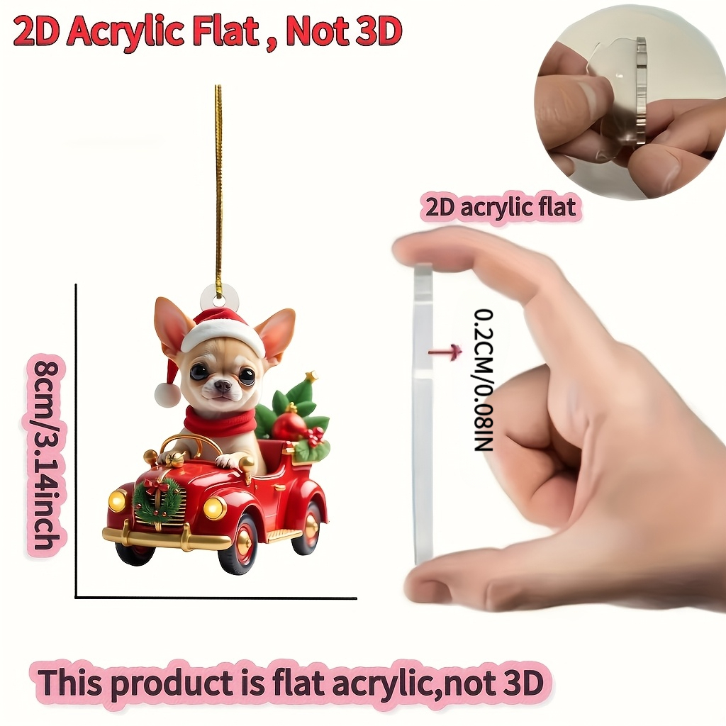 TEMU 2d Flat, 2d Flat Acrylic Christmas Decoration Ornament Featuring A Chihuahua Wearing A Santa Hat And Sitting In A Car. Used As A Car Interior