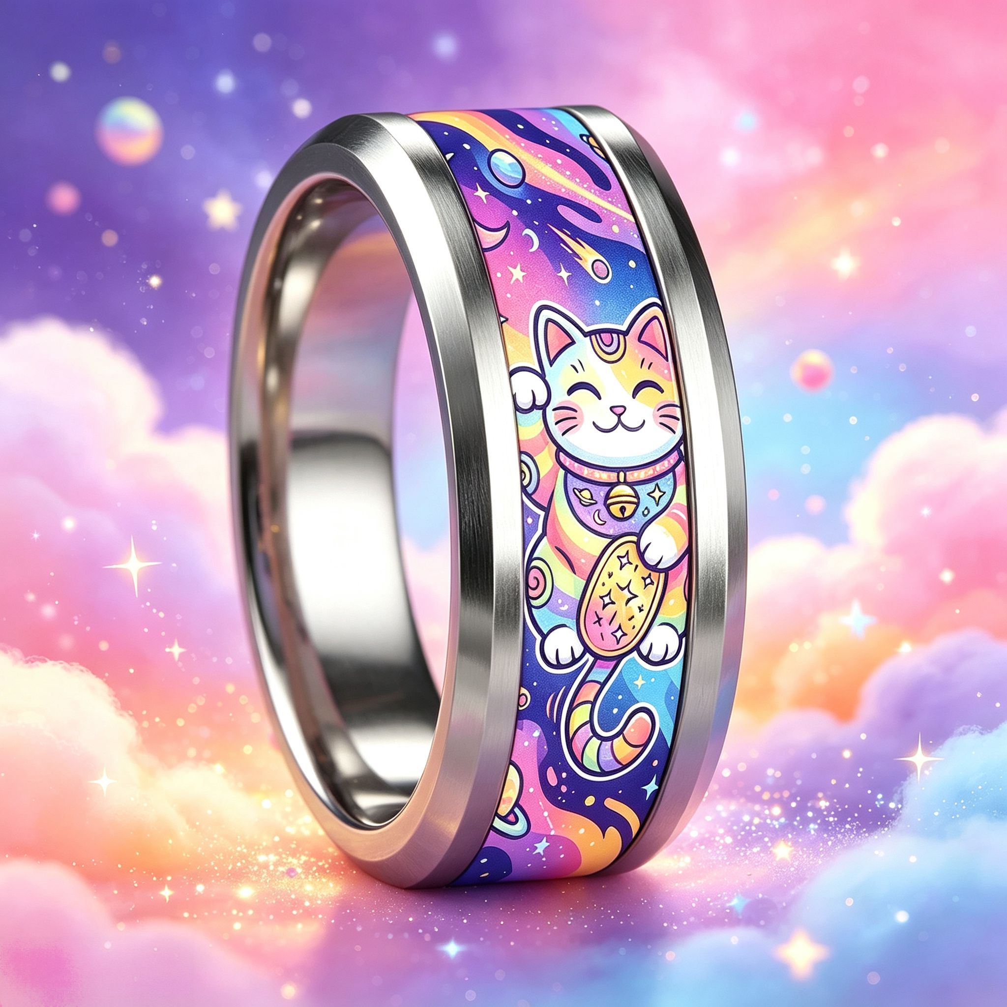 Rainbow Starry Sky Lucky Cat Cartoon Wide Ring