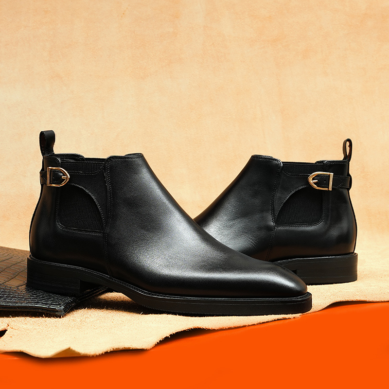 Men's Black Leather Chelsea Boots with Gold Buckle
