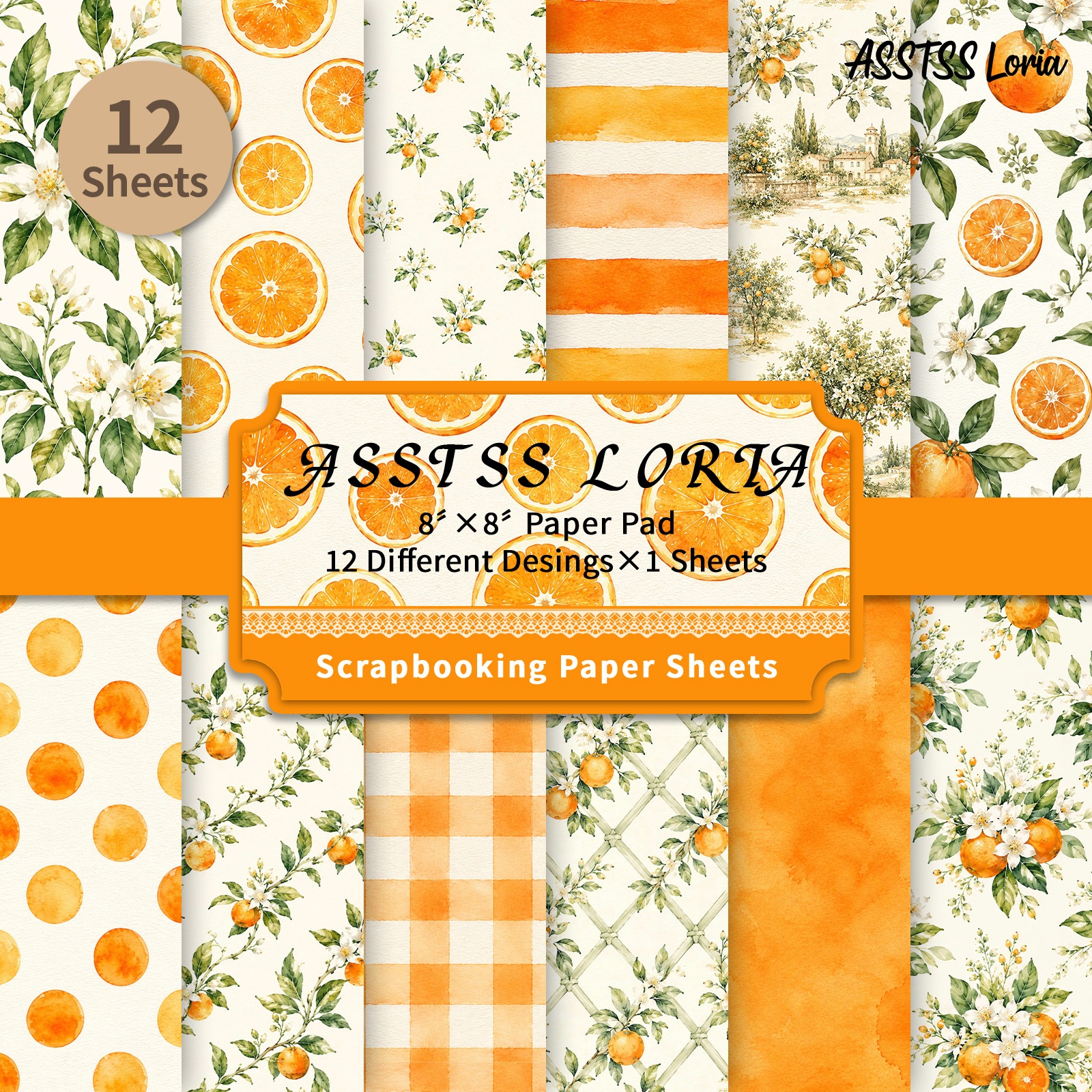 TEMU 12-sheet Asstss Loria 8*8inch Scrapbooking Paper Pad, Watercolor Oranges Backing Paper Supplies, Heavyweight Cardstock For Journaling, Collage