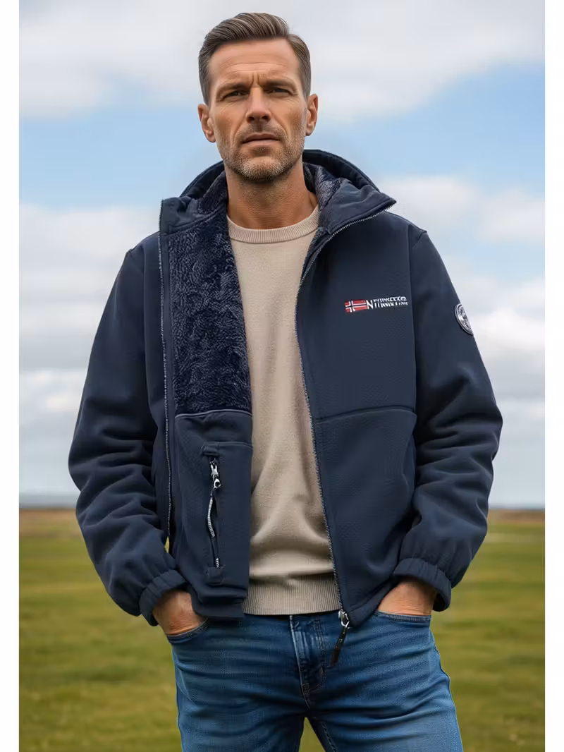 chaqueta polar gruesa con cremallera completa para hombre - abrigo cortavientos con capucha, corte , diseño polar a prueba de frío, bolsillos con cremallera - ropa de abrigo de poliéster lavable a máquina para camping 0