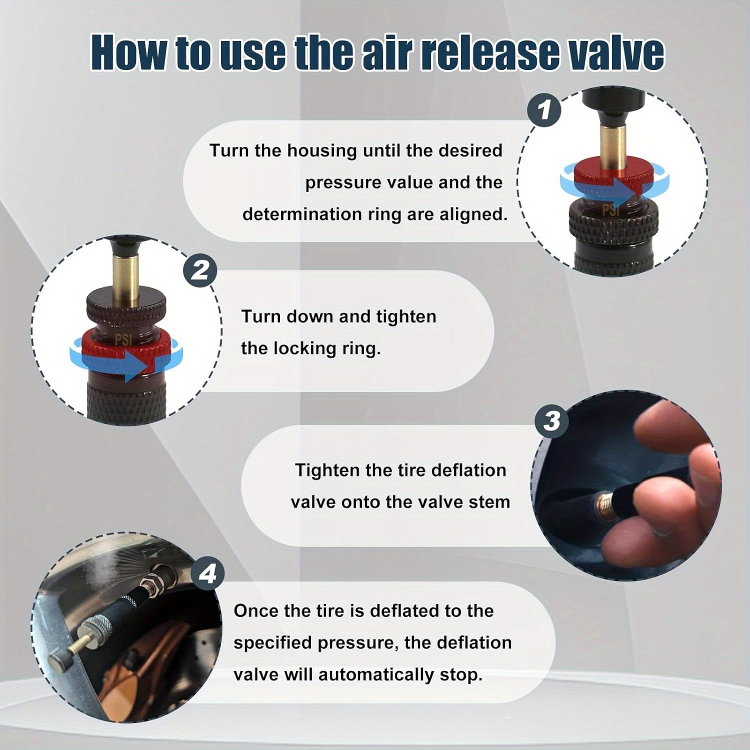 Kit 4 Valves Dégonflage Pneus Automatique - Réglable 10-30 PSI Pour 4x4, SUV, Tout-terrain