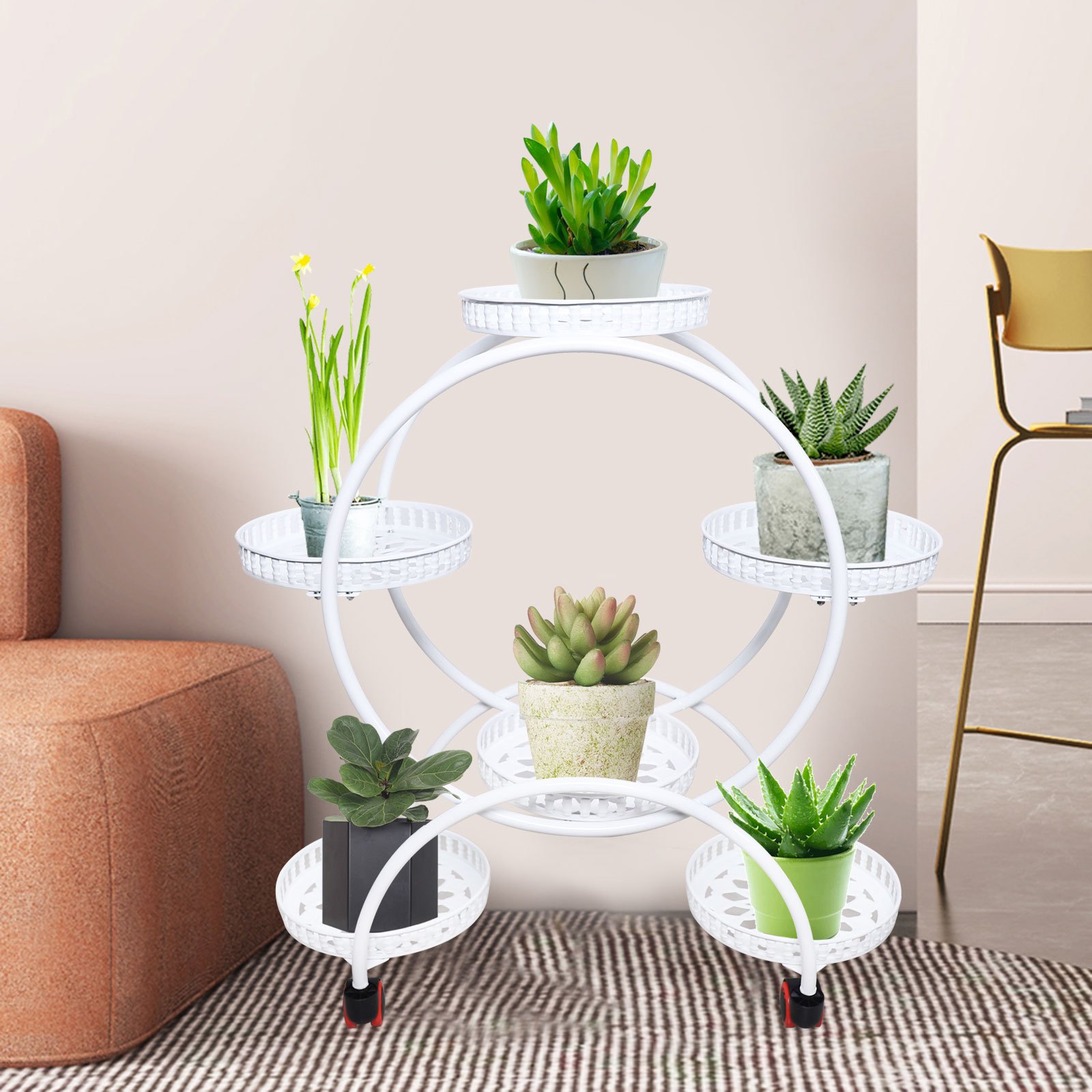 

Metal Plant Stand - 4-tier, 6-pot Display Shelf With Wheels, Round Base For Indoor/outdoor Use - Ideal For Patio, Garden, Home Decor